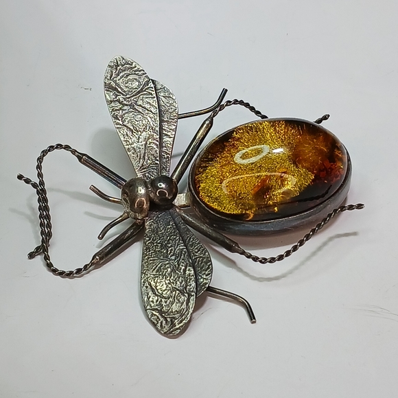 Vintage Amber Sterling Silver Bug Insect Brooch Pin - Picture 11 of 13